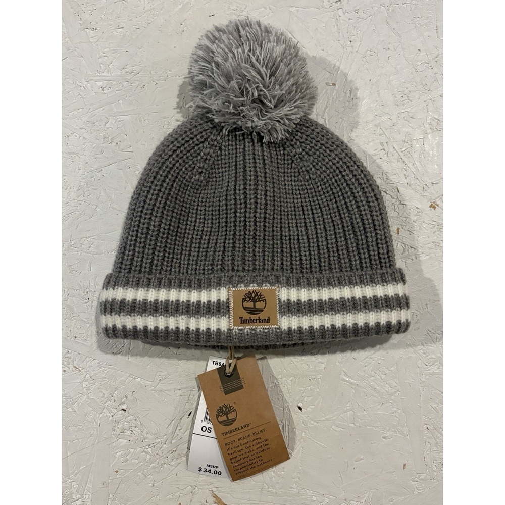 Timberland Womens Beanie Hat Lined Winter Knit Stadium Pom Gray White NWT